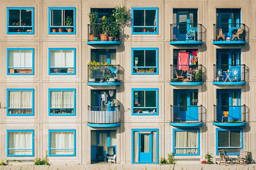 blue window framed flats